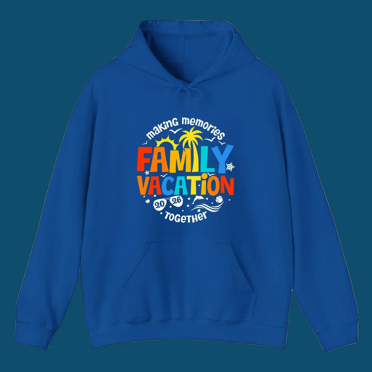 Illustrated text design "making memories family vacation 2026 together" with a palm tree, sun, ocean elements, and sunglasses.