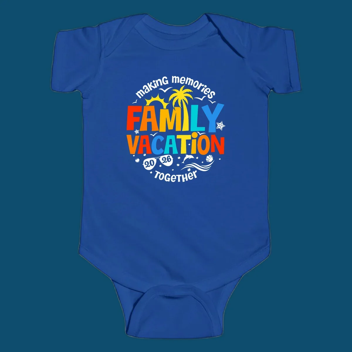 Illustrated text design "making memories family vacation 2026 together" with a palm tree, sun, ocean elements, and sunglasses.