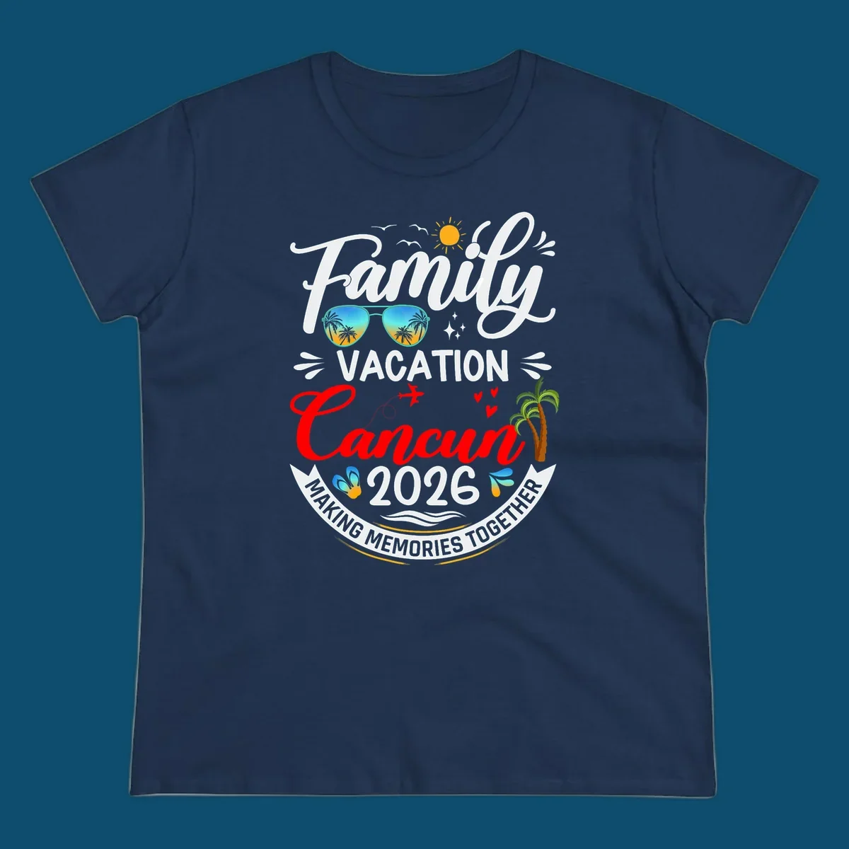 A vibrant "Family Cancun Vacation 2026" t-shirt design with a sun, birds, sunglasses, airplane, hearts, and palm trees.