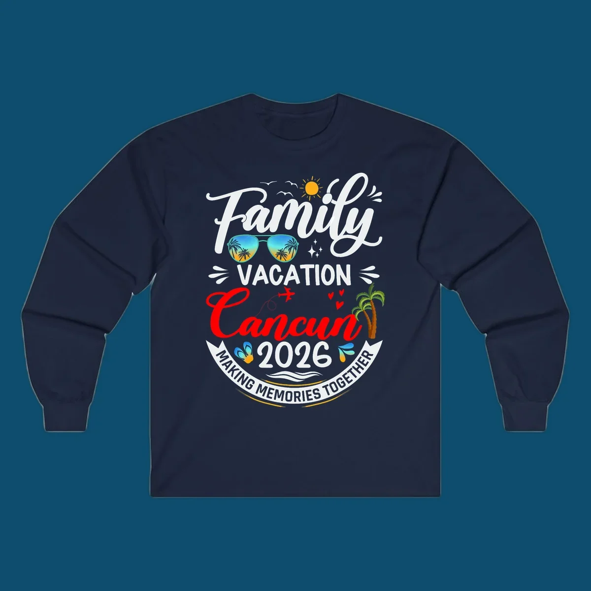 A vibrant "Family Cancun Vacation 2026" t-shirt design with a sun, birds, sunglasses, airplane, hearts, and palm trees.