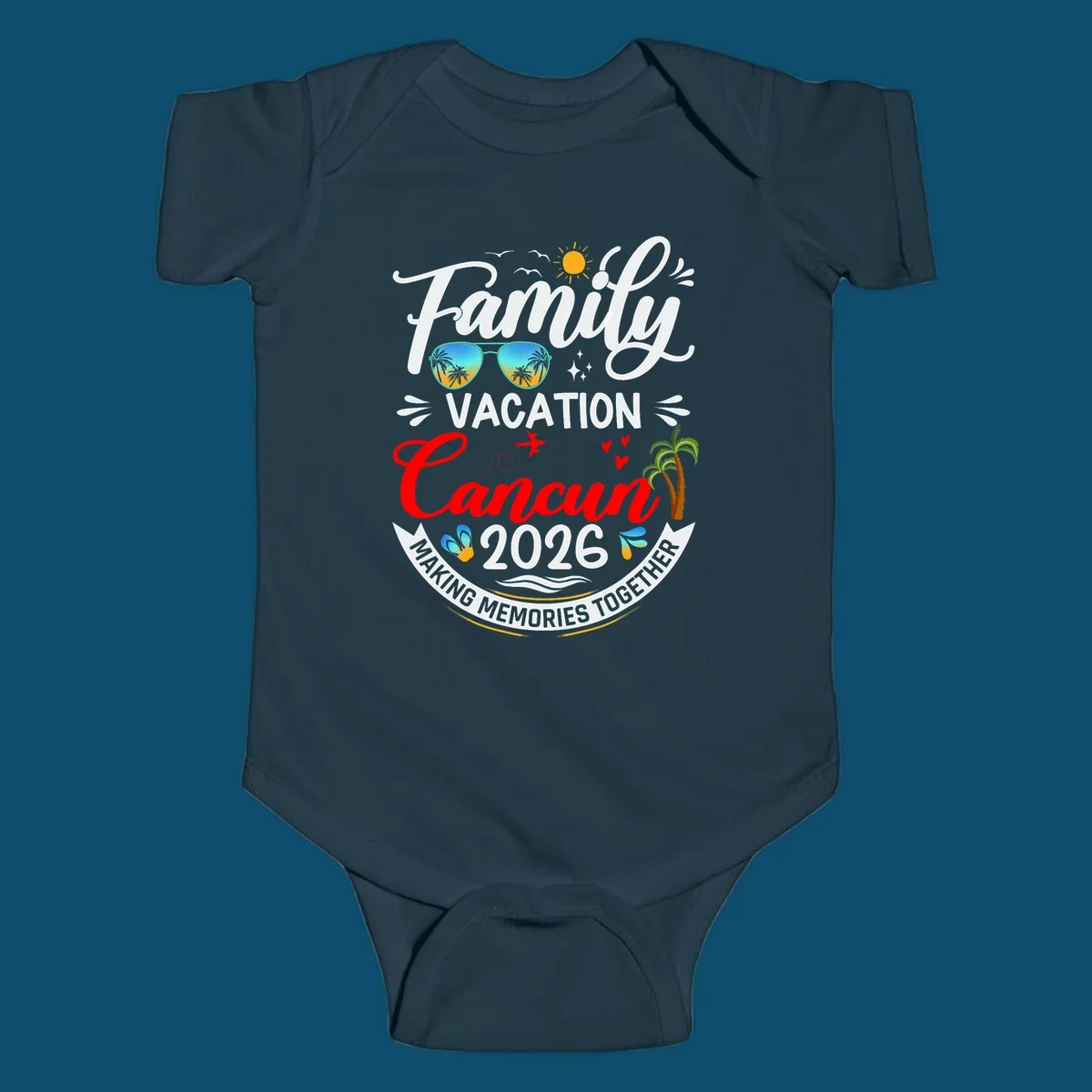 A vibrant "Family Cancun Vacation 2026" t-shirt design with a sun, birds, sunglasses, airplane, hearts, and palm trees.
