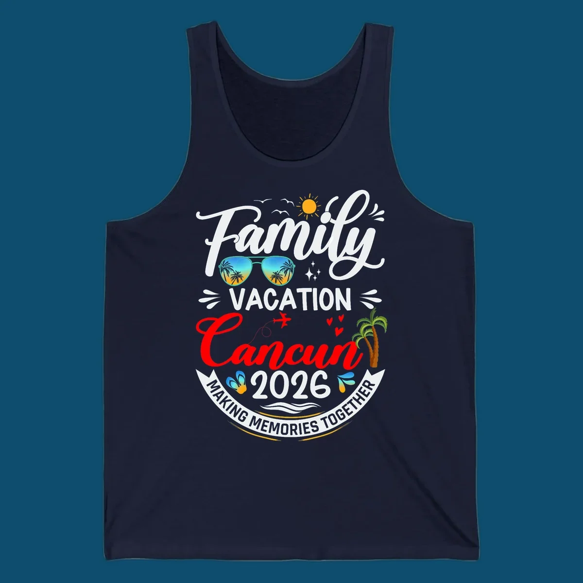 A vibrant "Family Cancun Vacation 2026" t-shirt design with a sun, birds, sunglasses, airplane, hearts, and palm trees.