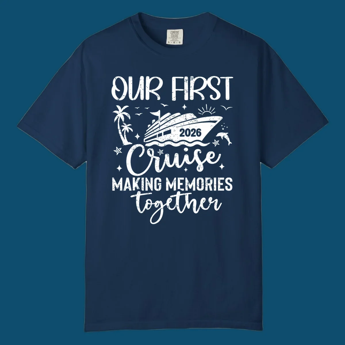 A graphic design for 'Our First Cruise 2026' with a cruise ship, palm trees, dolphins, and stars, perfect for a family vacation.