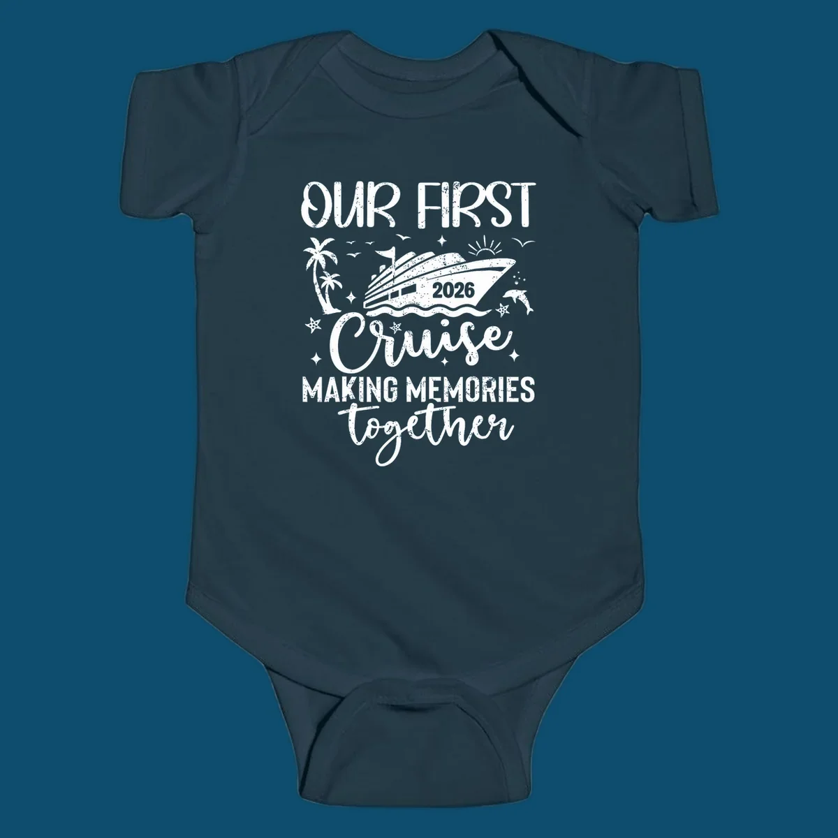 A graphic design for 'Our First Cruise 2026' with a cruise ship, palm trees, dolphins, and stars, perfect for a family vacation.