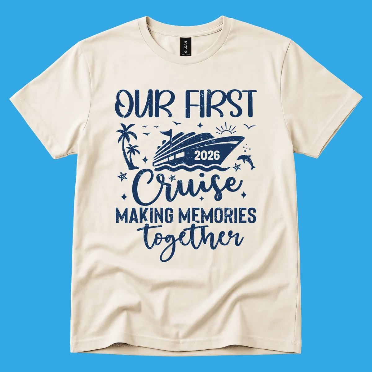 A graphic design for 'Our First Cruise 2026' with a cruise ship, palm trees, dolphins, and stars, perfect for a family vacation.