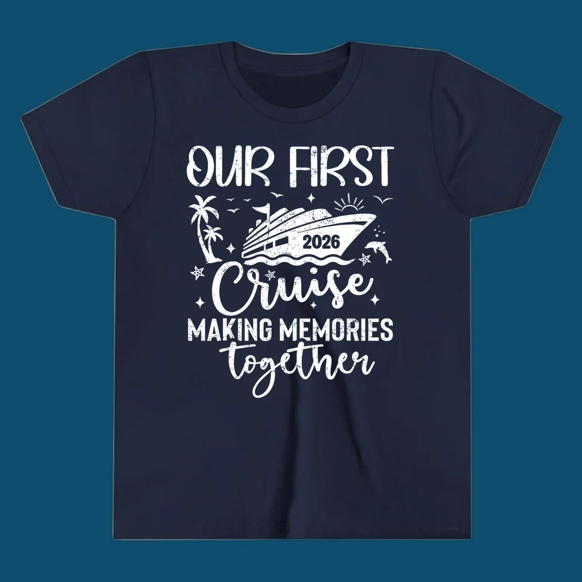 A graphic design for 'Our First Cruise 2026' with a cruise ship, palm trees, dolphins, and stars, perfect for a family vacation.