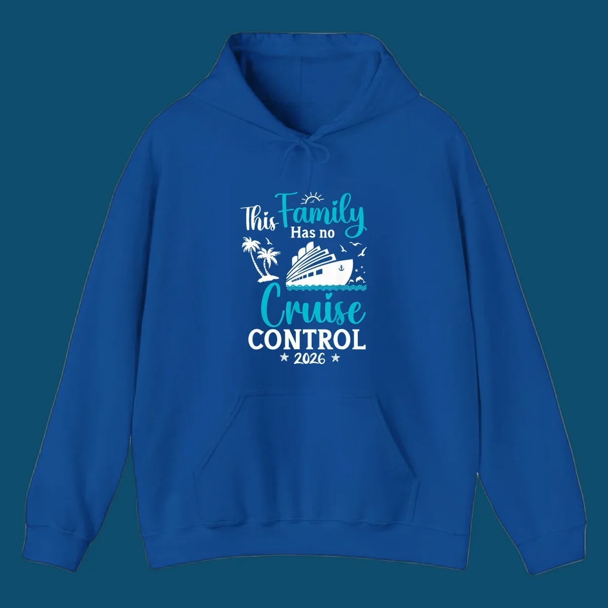 A family no cruise control 2026 design with a cruise ship, palm trees, dolphins, and starfish, in white, teal, and navy blue.