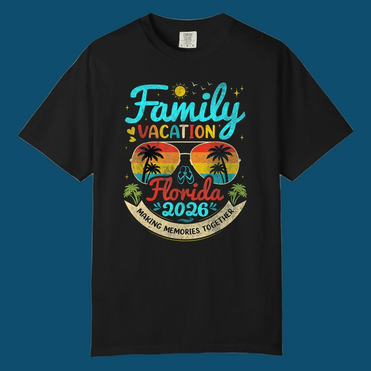 A vibrant family Florida vacation 2026 design featuring large text, sunglasses with palm trees, and a banner.