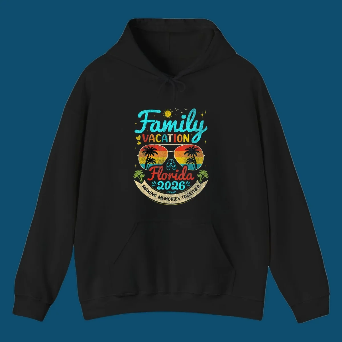 A vibrant family Florida vacation 2026 design featuring large text, sunglasses with palm trees, and a banner.