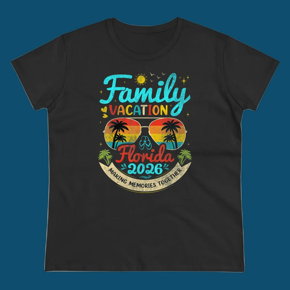 A vibrant family Florida vacation 2026 design featuring large text, sunglasses with palm trees, and a banner.