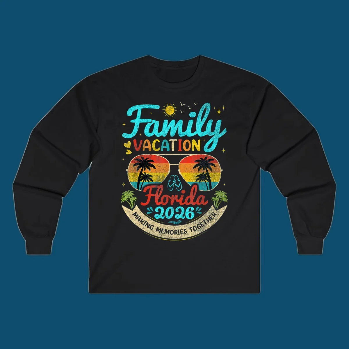 A vibrant family Florida vacation 2026 design featuring large text, sunglasses with palm trees, and a banner.