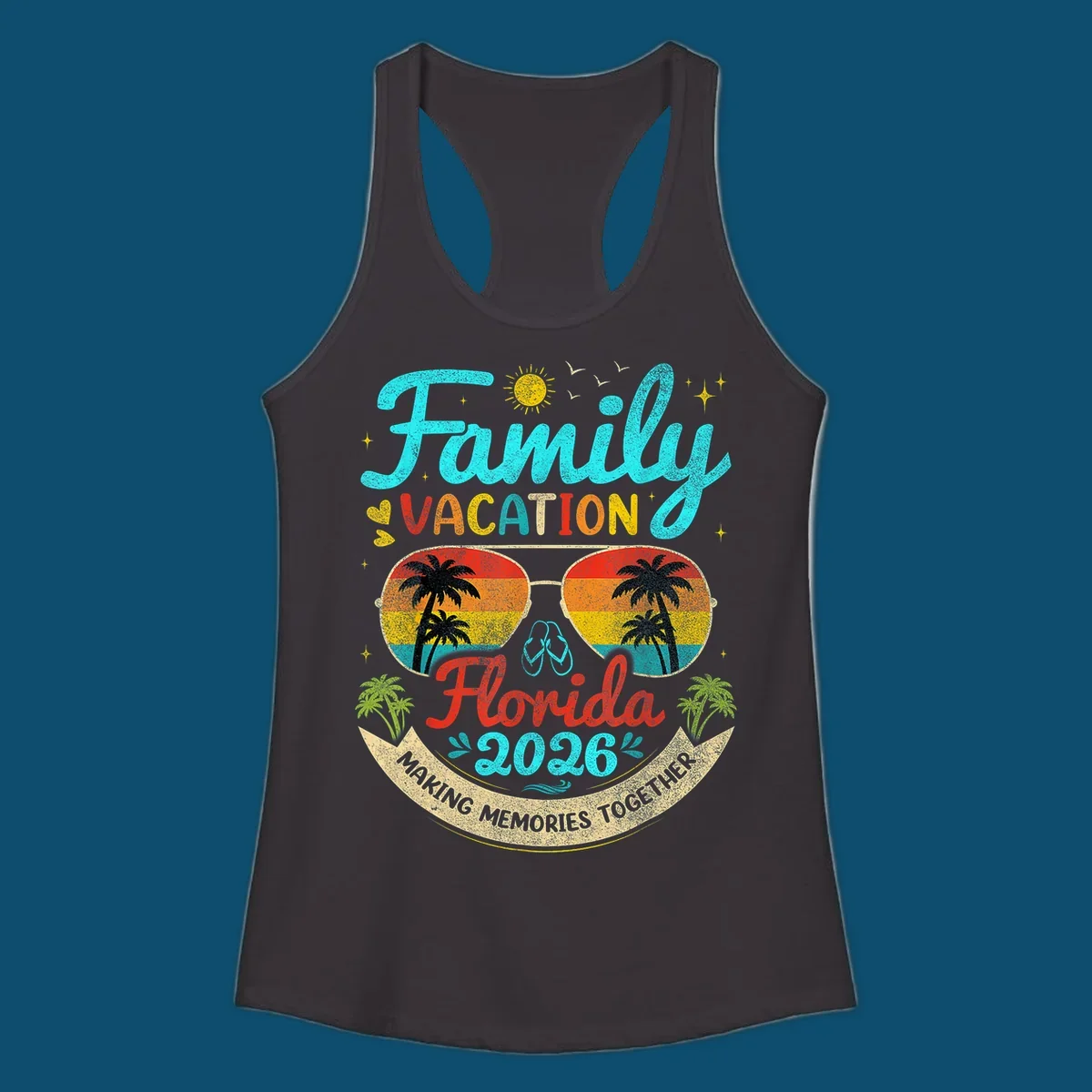 A vibrant family Florida vacation 2026 design featuring large text, sunglasses with palm trees, and a banner.