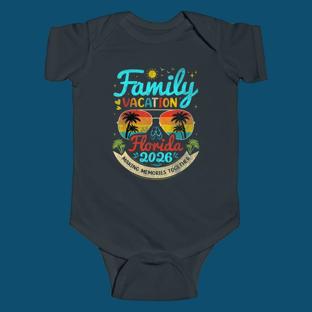 A vibrant family Florida vacation 2026 design featuring large text, sunglasses with palm trees, and a banner.
