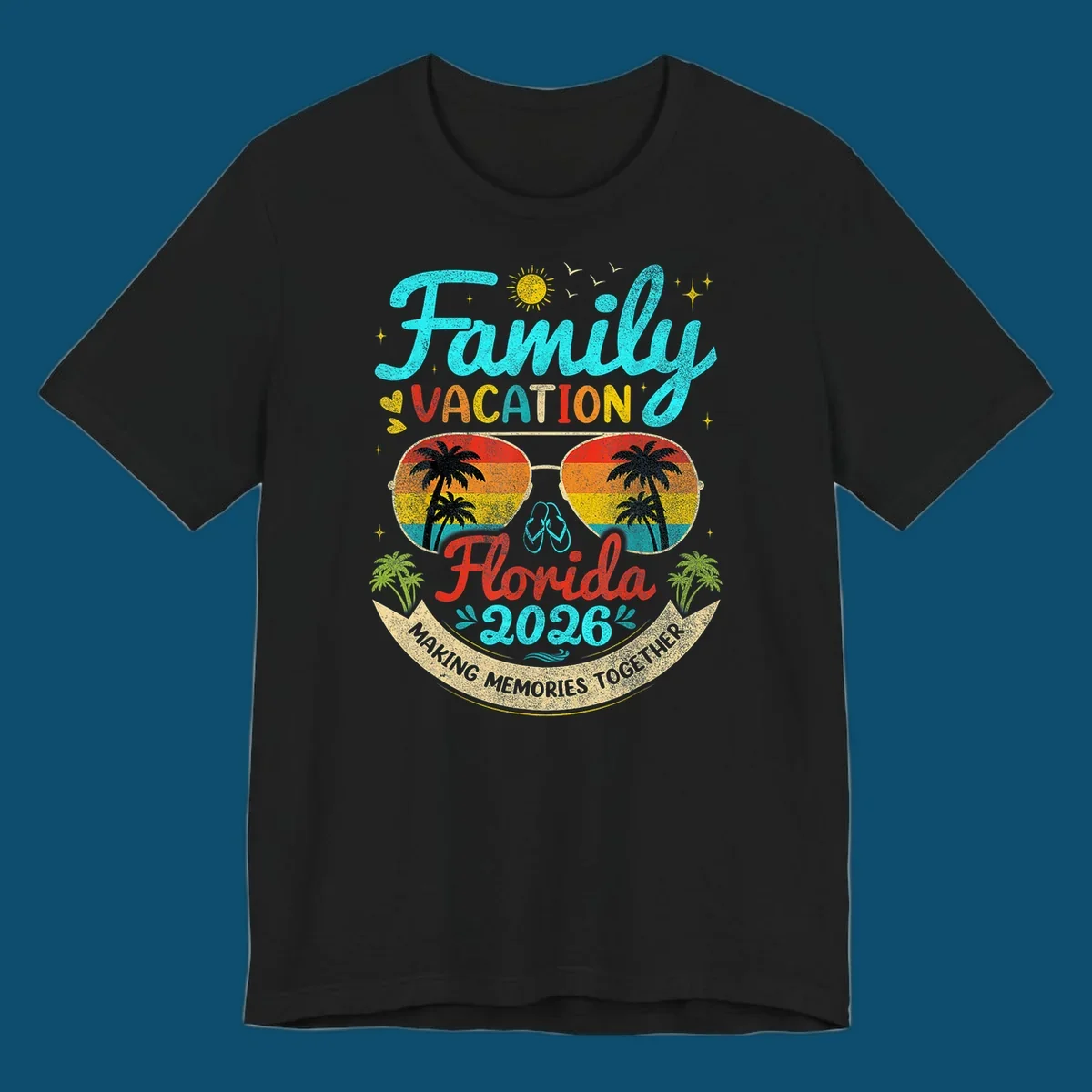 A vibrant family Florida vacation 2026 design featuring large text, sunglasses with palm trees, and a banner.