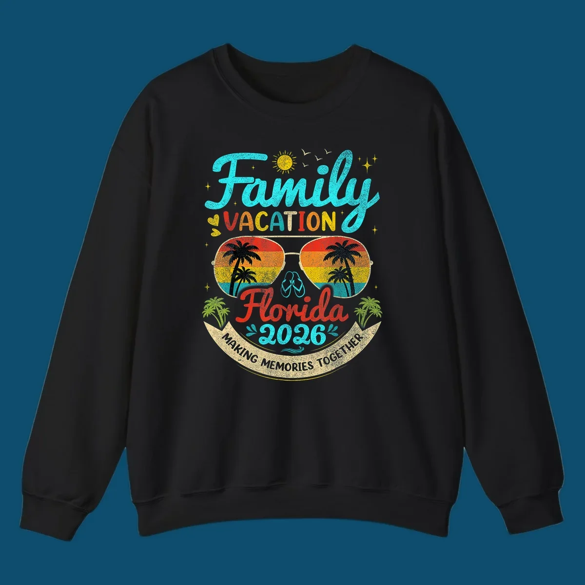 A vibrant family Florida vacation 2026 design featuring large text, sunglasses with palm trees, and a banner.