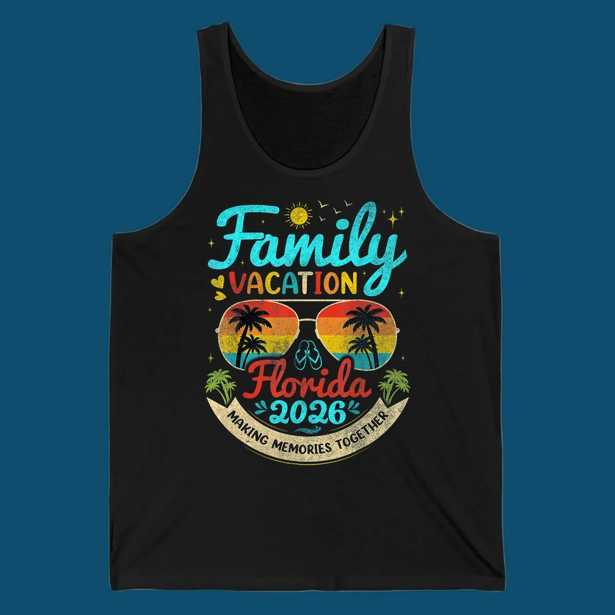 A vibrant family Florida vacation 2026 design featuring large text, sunglasses with palm trees, and a banner.