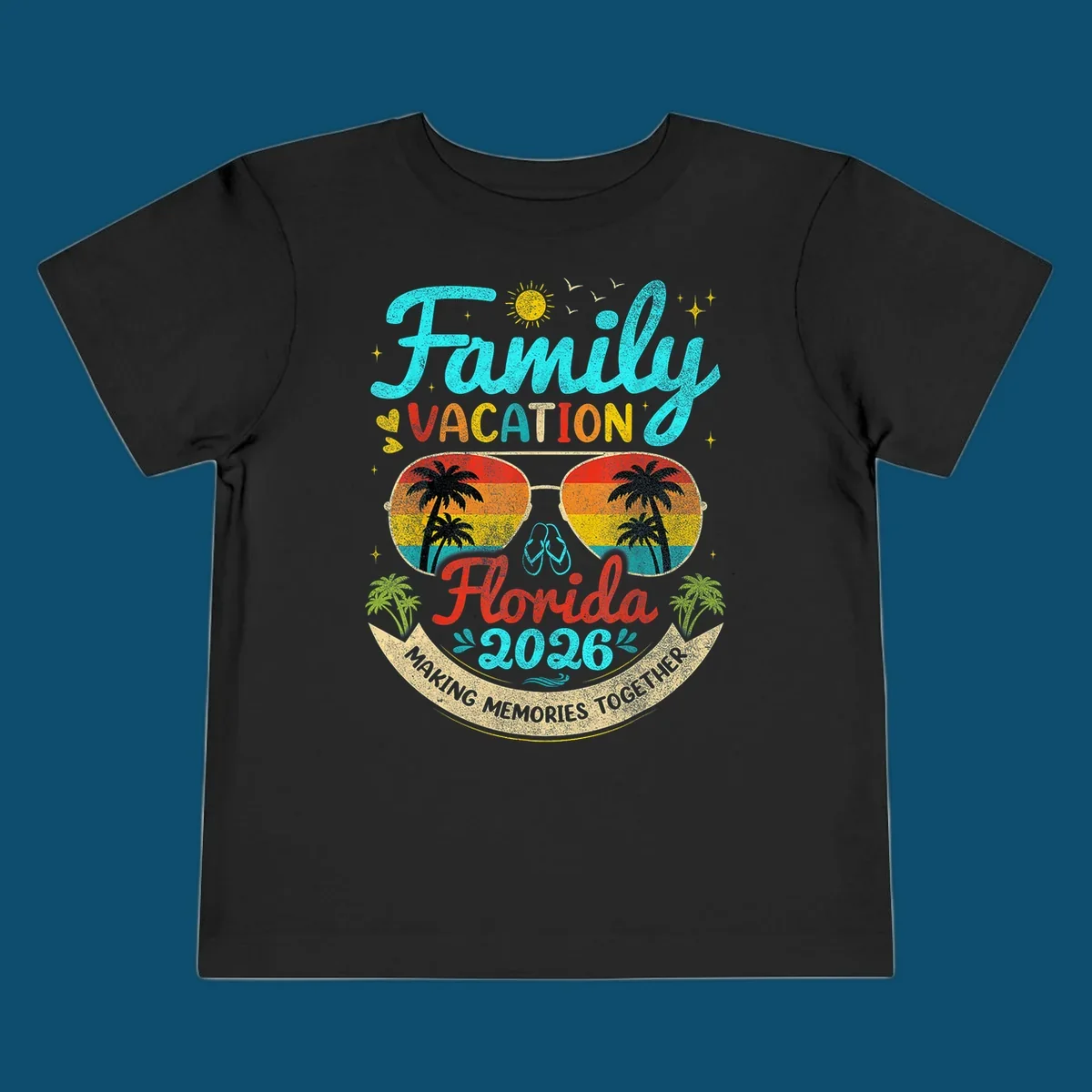 A vibrant family Florida vacation 2026 design featuring large text, sunglasses with palm trees, and a banner.