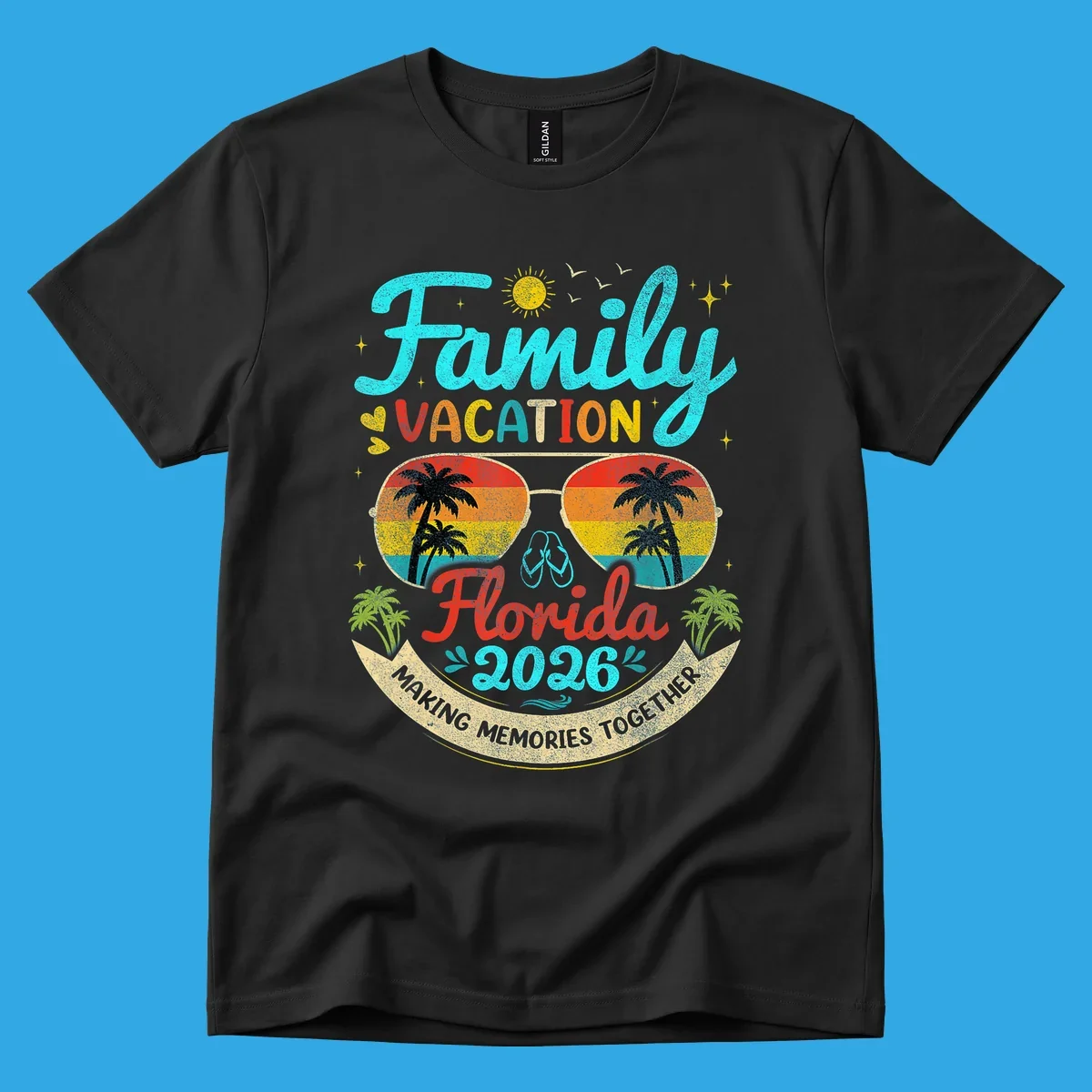 A vibrant family Florida vacation 2026 design featuring large text, sunglasses with palm trees, and a banner.