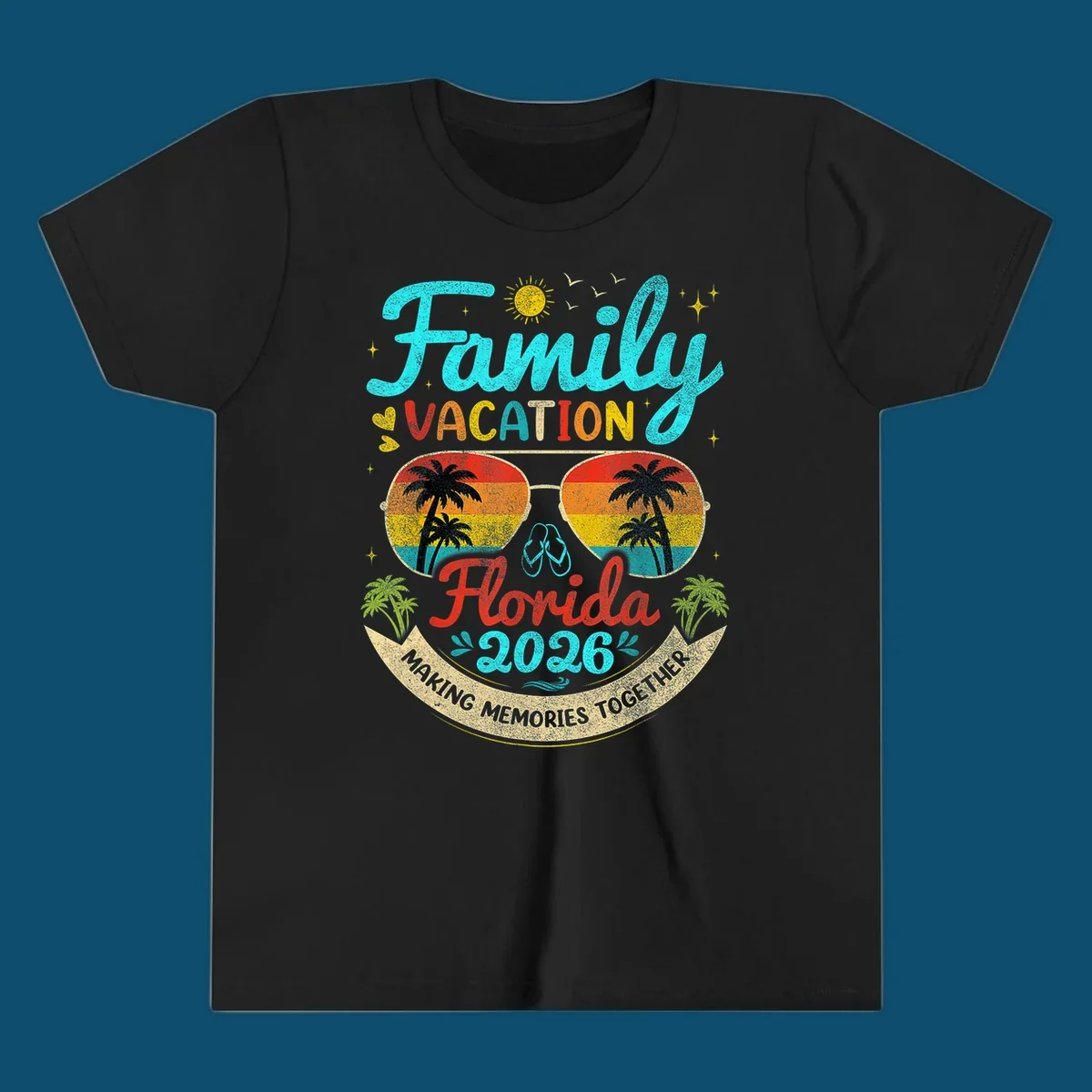 A vibrant family Florida vacation 2026 design featuring large text, sunglasses with palm trees, and a banner.