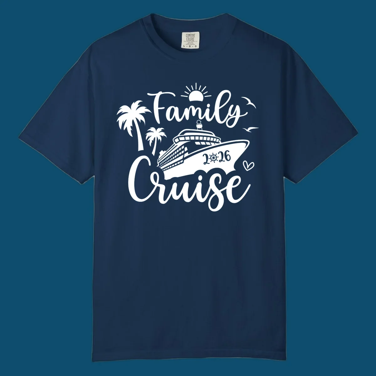 A 'Family Cruise 2026' design with a cruise ship, palm trees, sun, birds, and a heart, perfect for family-cruise-2026.