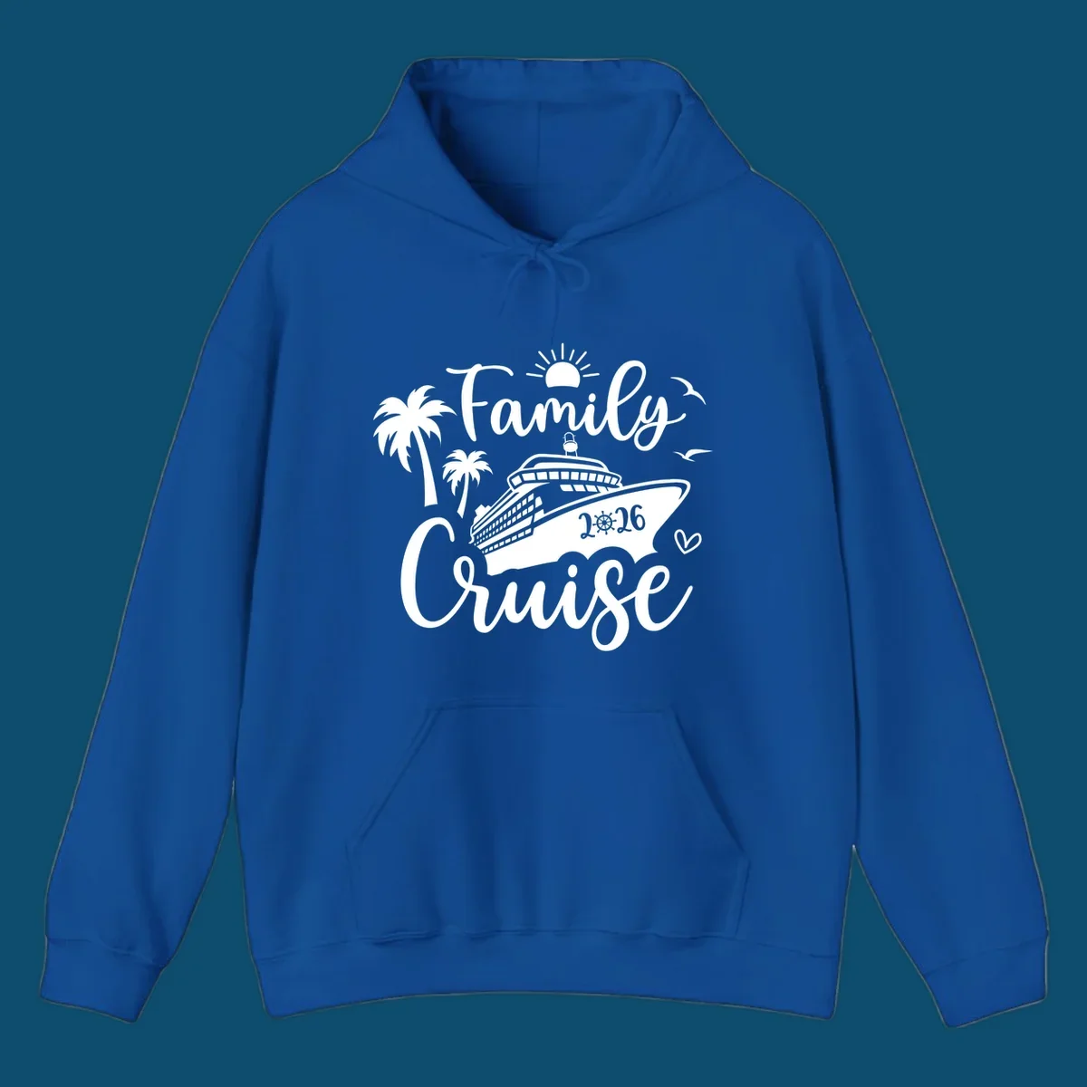 A 'Family Cruise 2026' design with a cruise ship, palm trees, sun, birds, and a heart, perfect for family-cruise-2026.