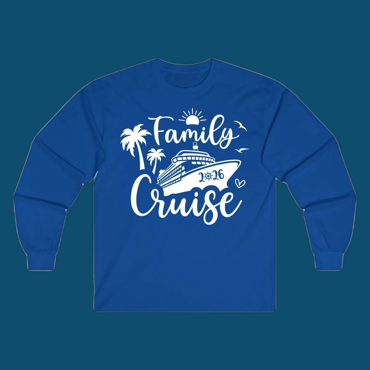 A 'Family Cruise 2026' design with a cruise ship, palm trees, sun, birds, and a heart, perfect for family-cruise-2026.