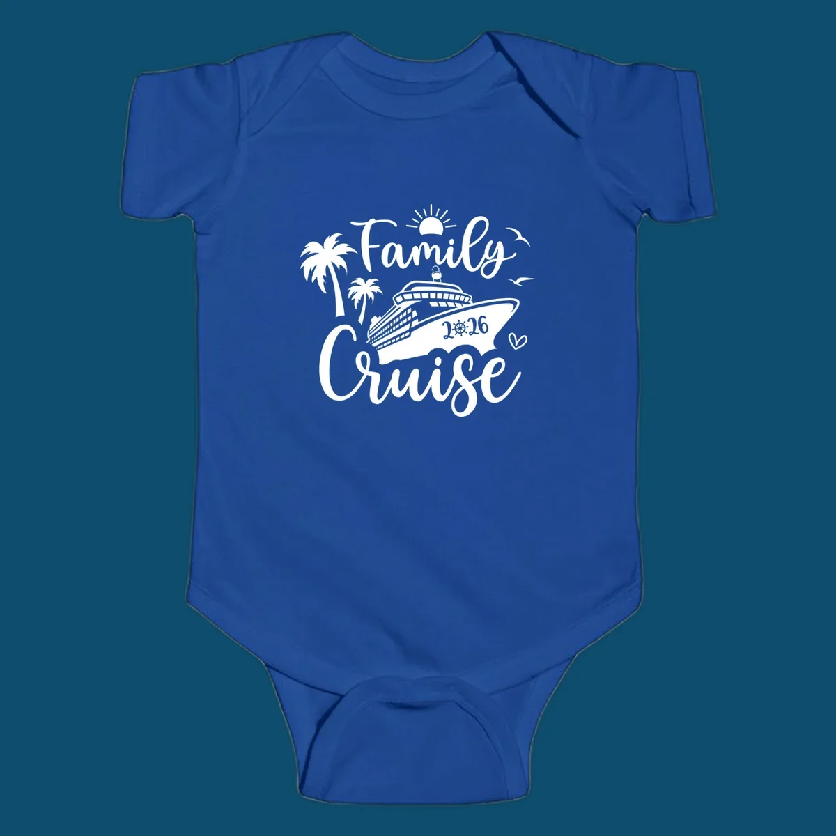 A 'Family Cruise 2026' design with a cruise ship, palm trees, sun, birds, and a heart, perfect for family-cruise-2026.