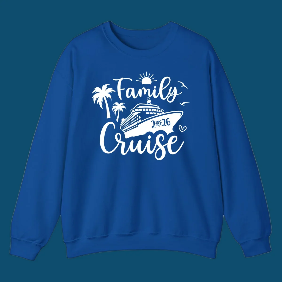 A 'Family Cruise 2026' design with a cruise ship, palm trees, sun, birds, and a heart, perfect for family-cruise-2026.