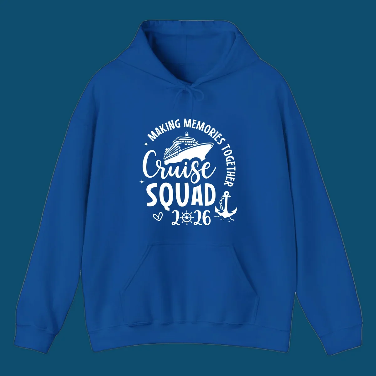 A white graphic features a cruise ship above the words "Cruise SQUAD" and "2026", with "MAKING MEMORIES TOGETHER" arched above, an anchor, heart, and ship's wheel, representing a making memories cruise squad 2026.