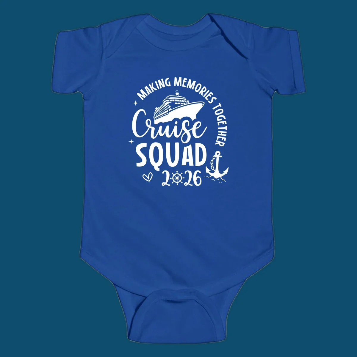 A white graphic features a cruise ship above the words "Cruise SQUAD" and "2026", with "MAKING MEMORIES TOGETHER" arched above, an anchor, heart, and ship's wheel, representing a making memories cruise squad 2026.
