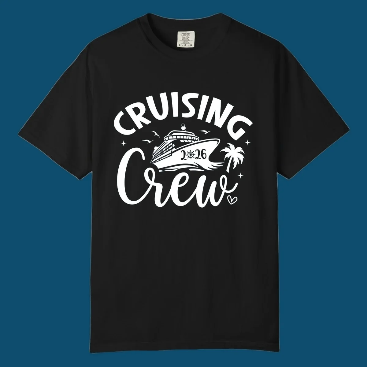 A white or navy graphic design for Cruising Crew 2026, featuring a cruise ship, palm tree, and seagulls.
