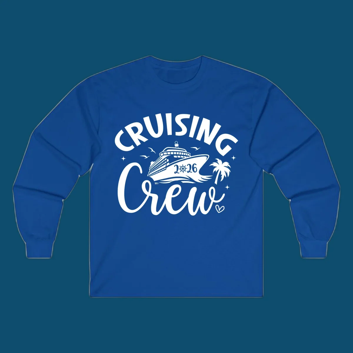 A white or navy graphic design for Cruising Crew 2026, featuring a cruise ship, palm tree, and seagulls.