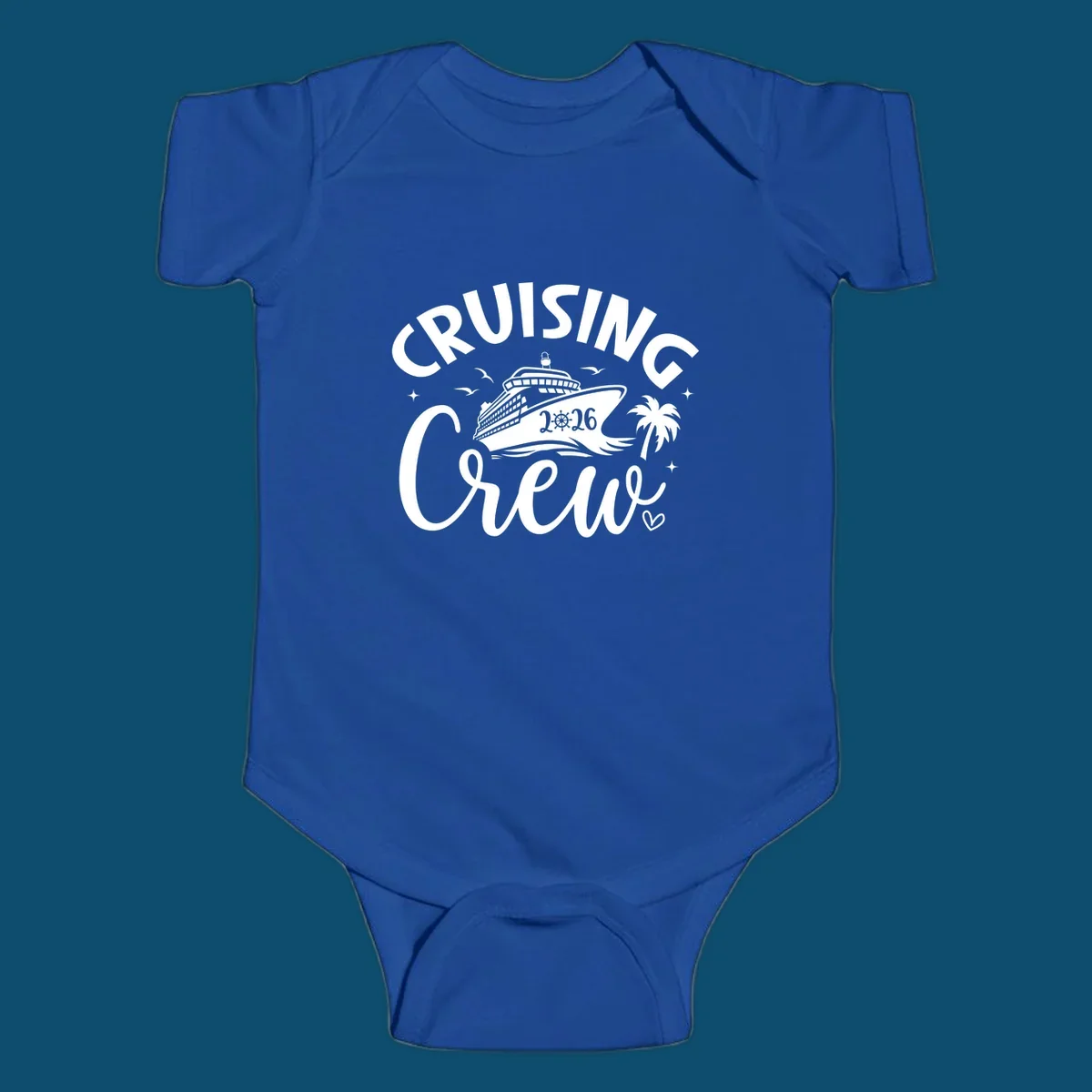 A white or navy graphic design for Cruising Crew 2026, featuring a cruise ship, palm tree, and seagulls.