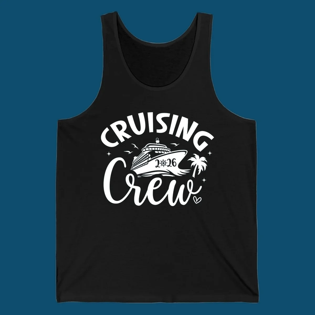 A white or navy graphic design for Cruising Crew 2026, featuring a cruise ship, palm tree, and seagulls.