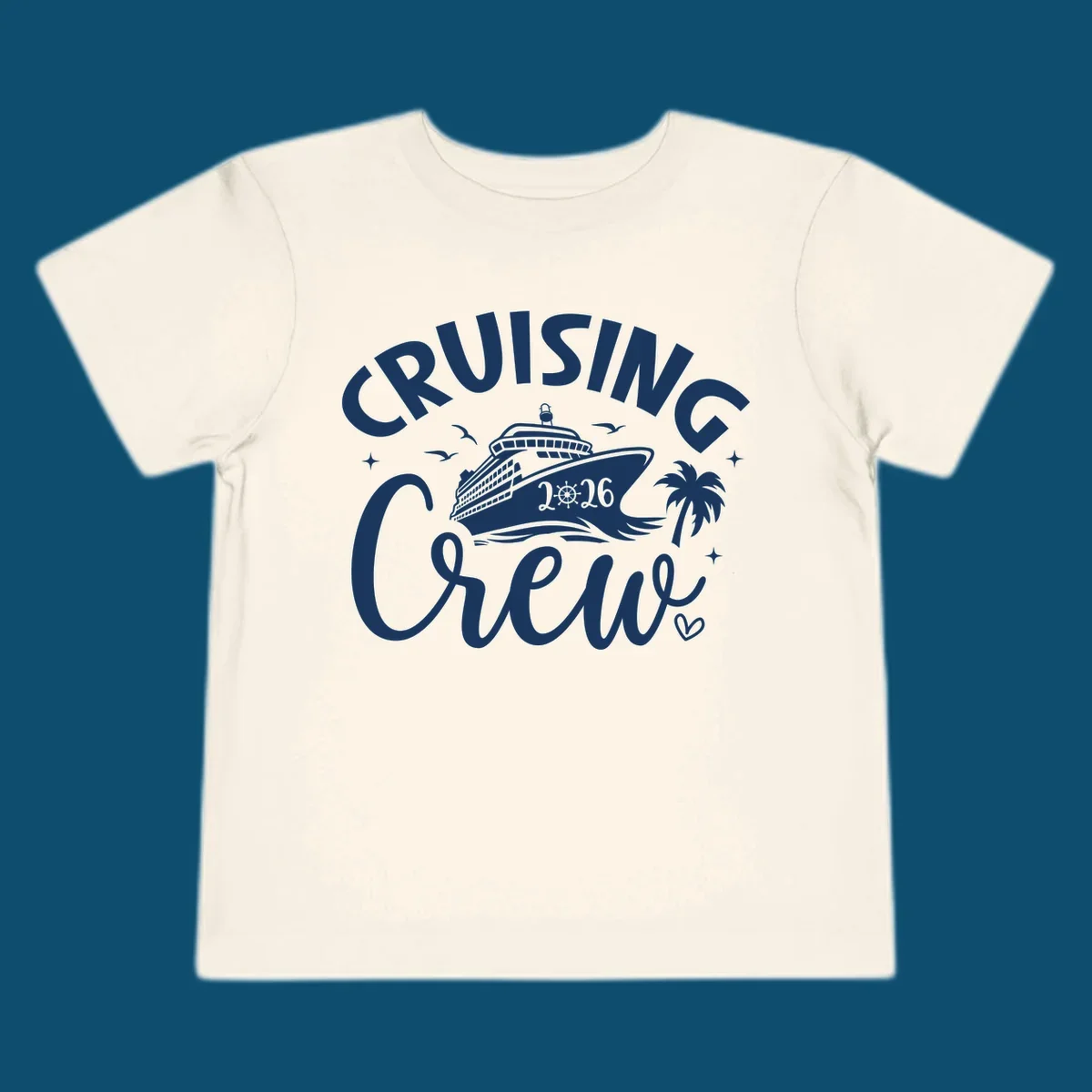 A white or navy graphic design for Cruising Crew 2026, featuring a cruise ship, palm tree, and seagulls.