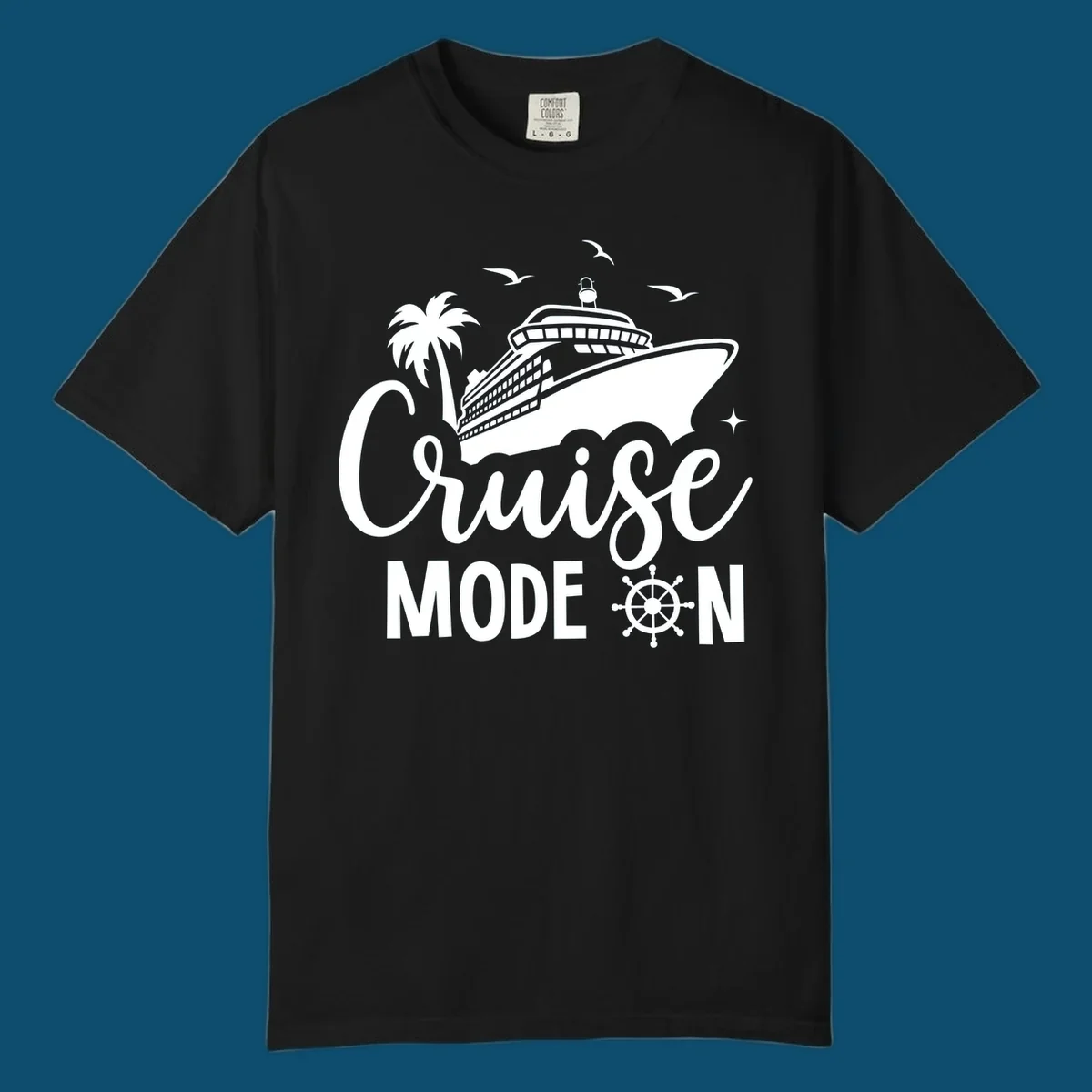A graphic of a cruise ship, palm tree, seagulls, and stars with 'Cruise MODE ON' text and a ship's wheel, illustrating the cruise-mode-on concept.