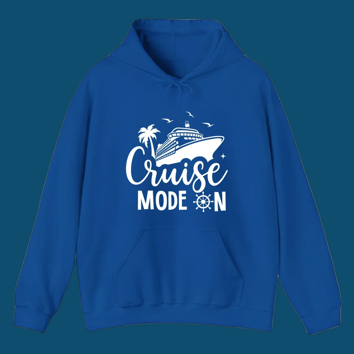 A graphic of a cruise ship, palm tree, seagulls, and stars with 'Cruise MODE ON' text and a ship's wheel, illustrating the cruise-mode-on concept.