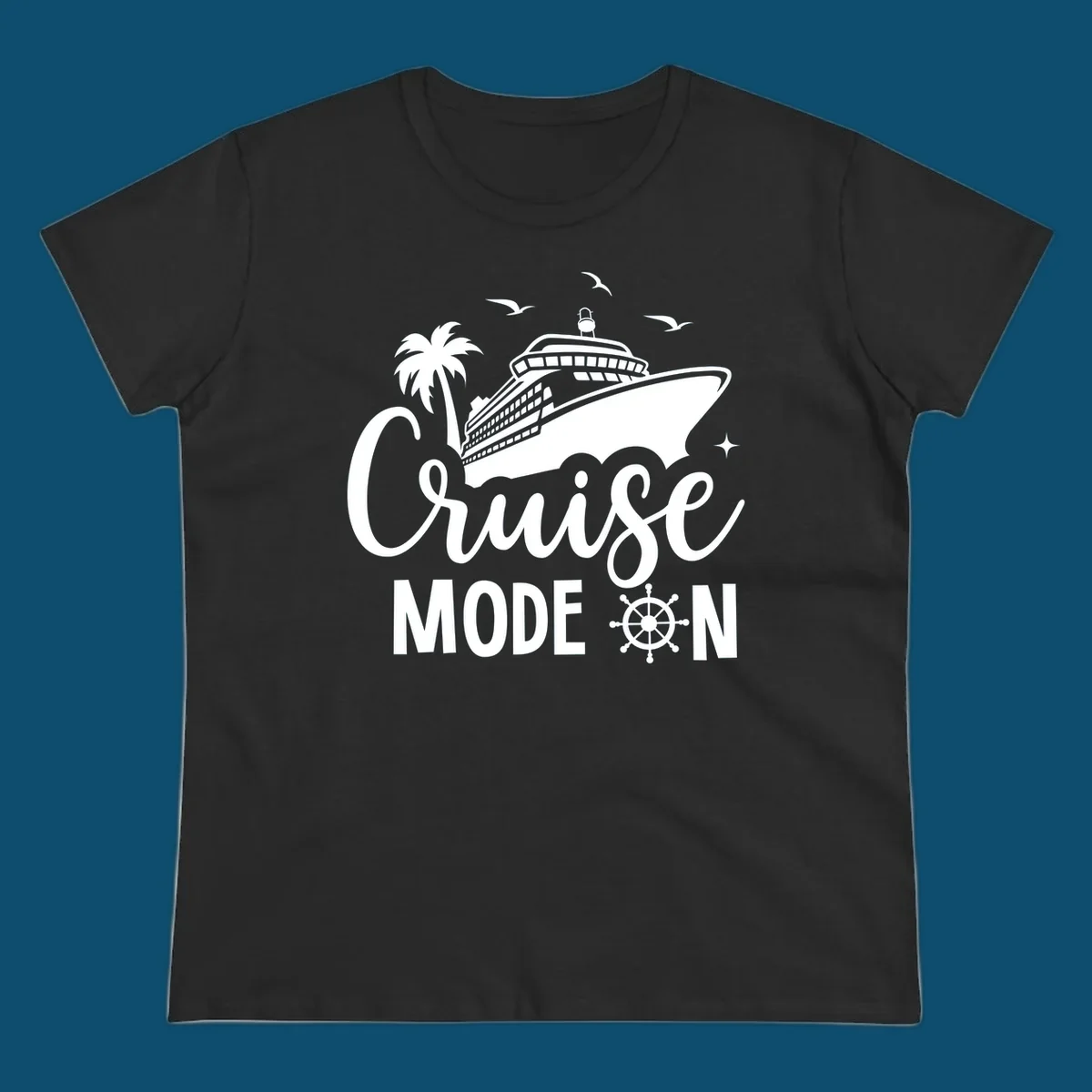 A graphic of a cruise ship, palm tree, seagulls, and stars with 'Cruise MODE ON' text and a ship's wheel, illustrating the cruise-mode-on concept.