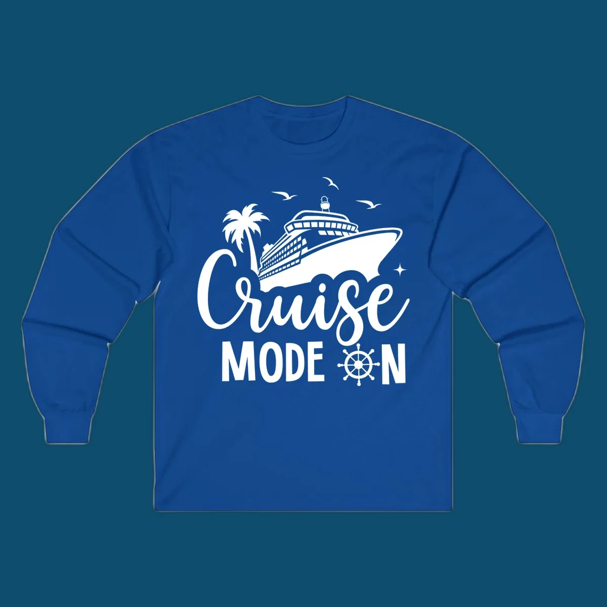 A graphic of a cruise ship, palm tree, seagulls, and stars with 'Cruise MODE ON' text and a ship's wheel, illustrating the cruise-mode-on concept.
