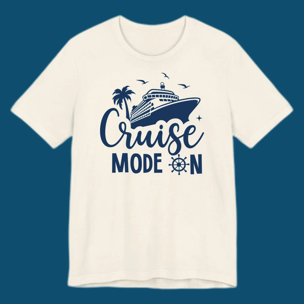 A graphic of a cruise ship, palm tree, seagulls, and stars with 'Cruise MODE ON' text and a ship's wheel, illustrating the cruise-mode-on concept.