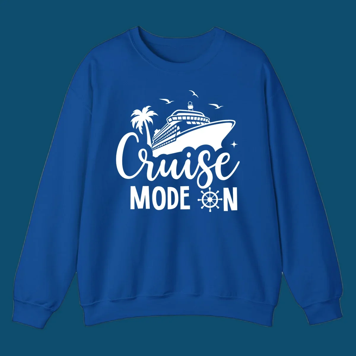 A graphic of a cruise ship, palm tree, seagulls, and stars with 'Cruise MODE ON' text and a ship's wheel, illustrating the cruise-mode-on concept.