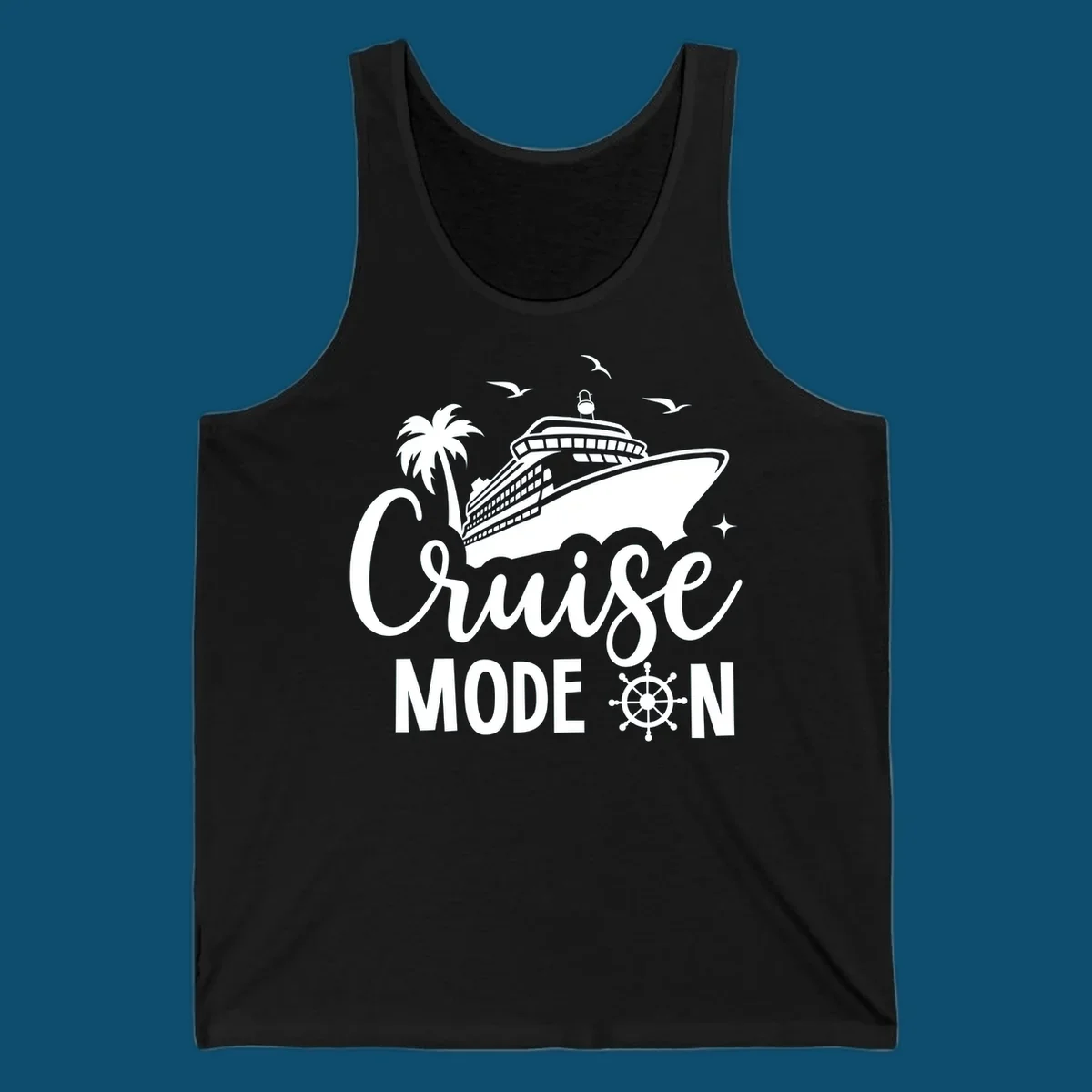 A graphic of a cruise ship, palm tree, seagulls, and stars with 'Cruise MODE ON' text and a ship's wheel, illustrating the cruise-mode-on concept.