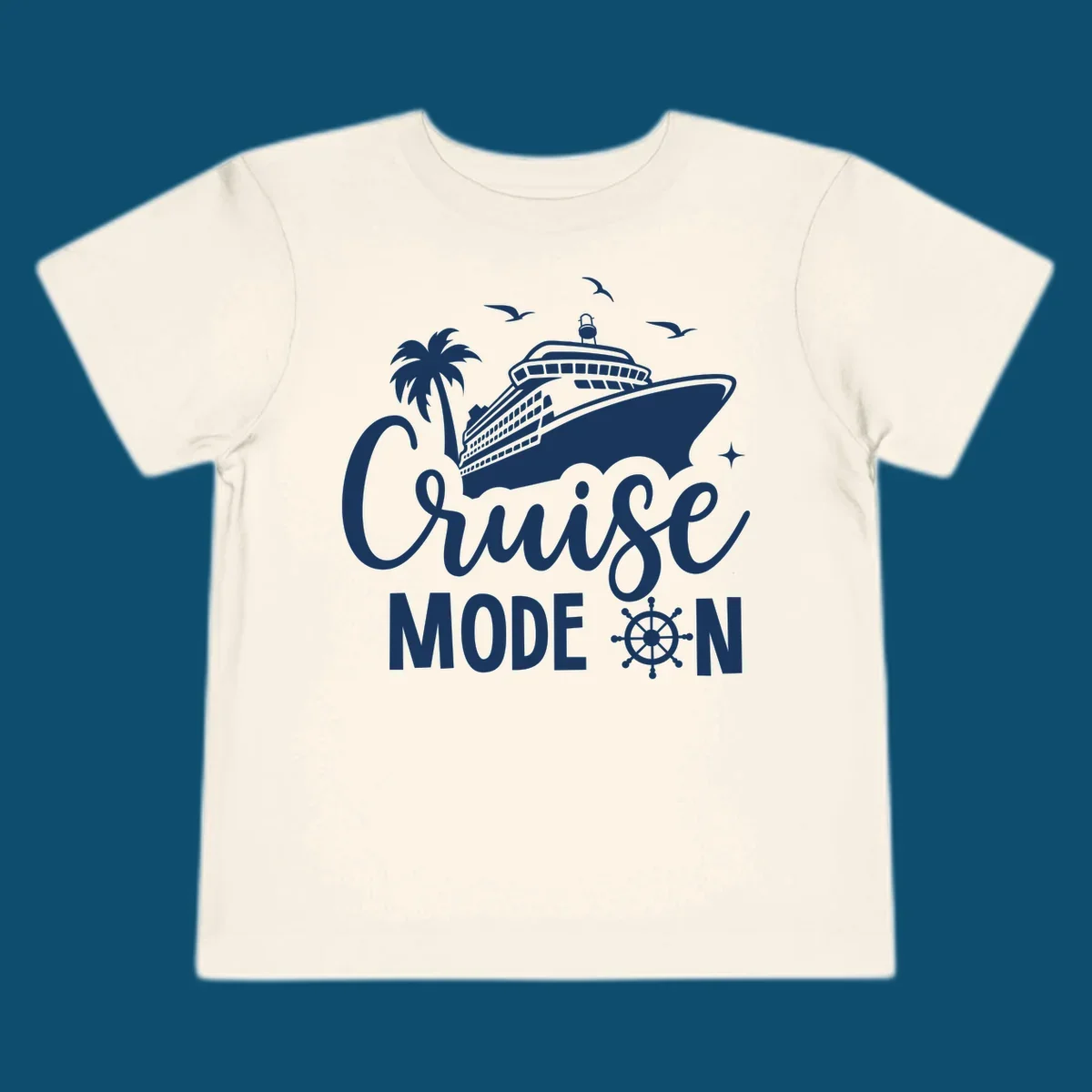 A graphic of a cruise ship, palm tree, seagulls, and stars with 'Cruise MODE ON' text and a ship's wheel, illustrating the cruise-mode-on concept.