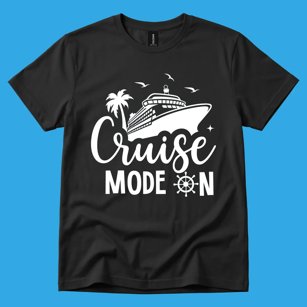 A graphic of a cruise ship, palm tree, seagulls, and stars with 'Cruise MODE ON' text and a ship's wheel, illustrating the cruise-mode-on concept.