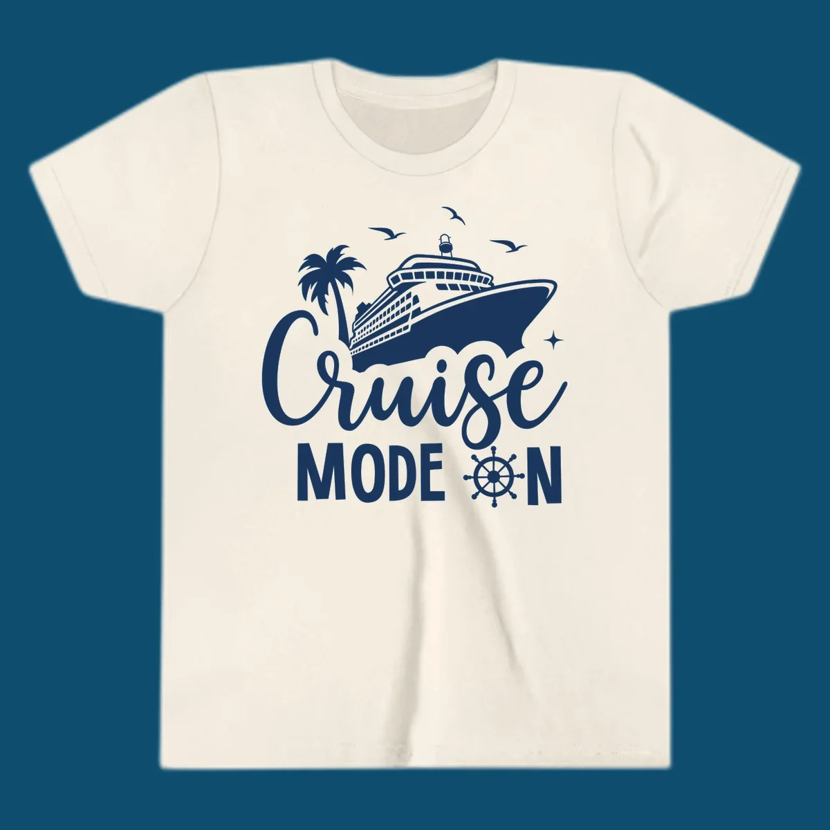 A graphic of a cruise ship, palm tree, seagulls, and stars with 'Cruise MODE ON' text and a ship's wheel, illustrating the cruise-mode-on concept.