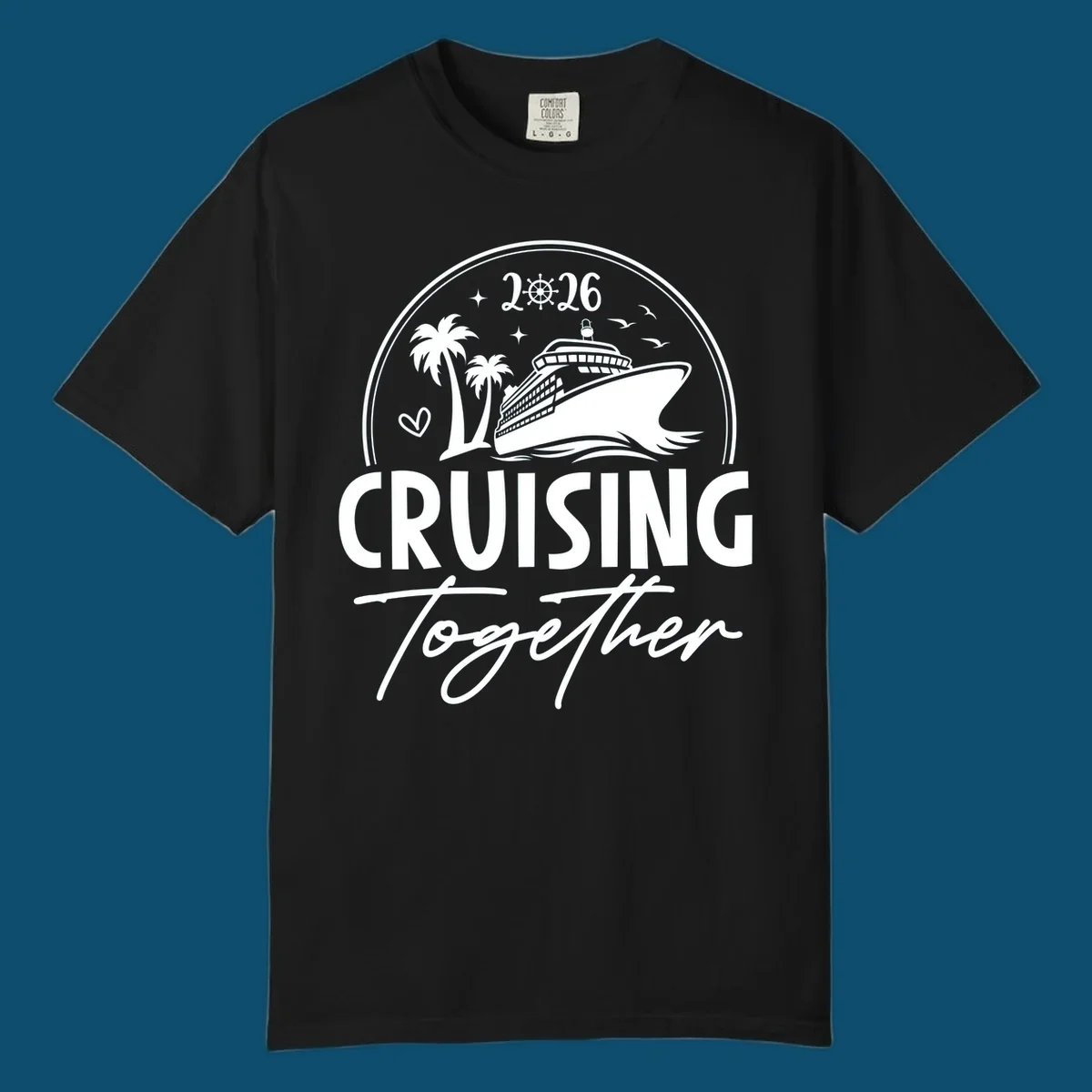 A round badge design with a cruise ship, palm trees, and the text 'CRUISING Together 2026'.