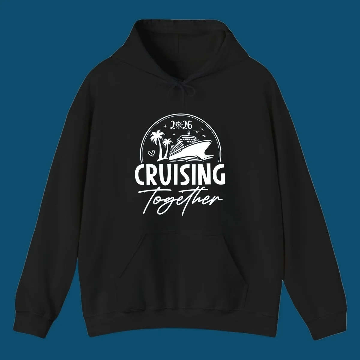A round badge design with a cruise ship, palm trees, and the text 'CRUISING Together 2026'.