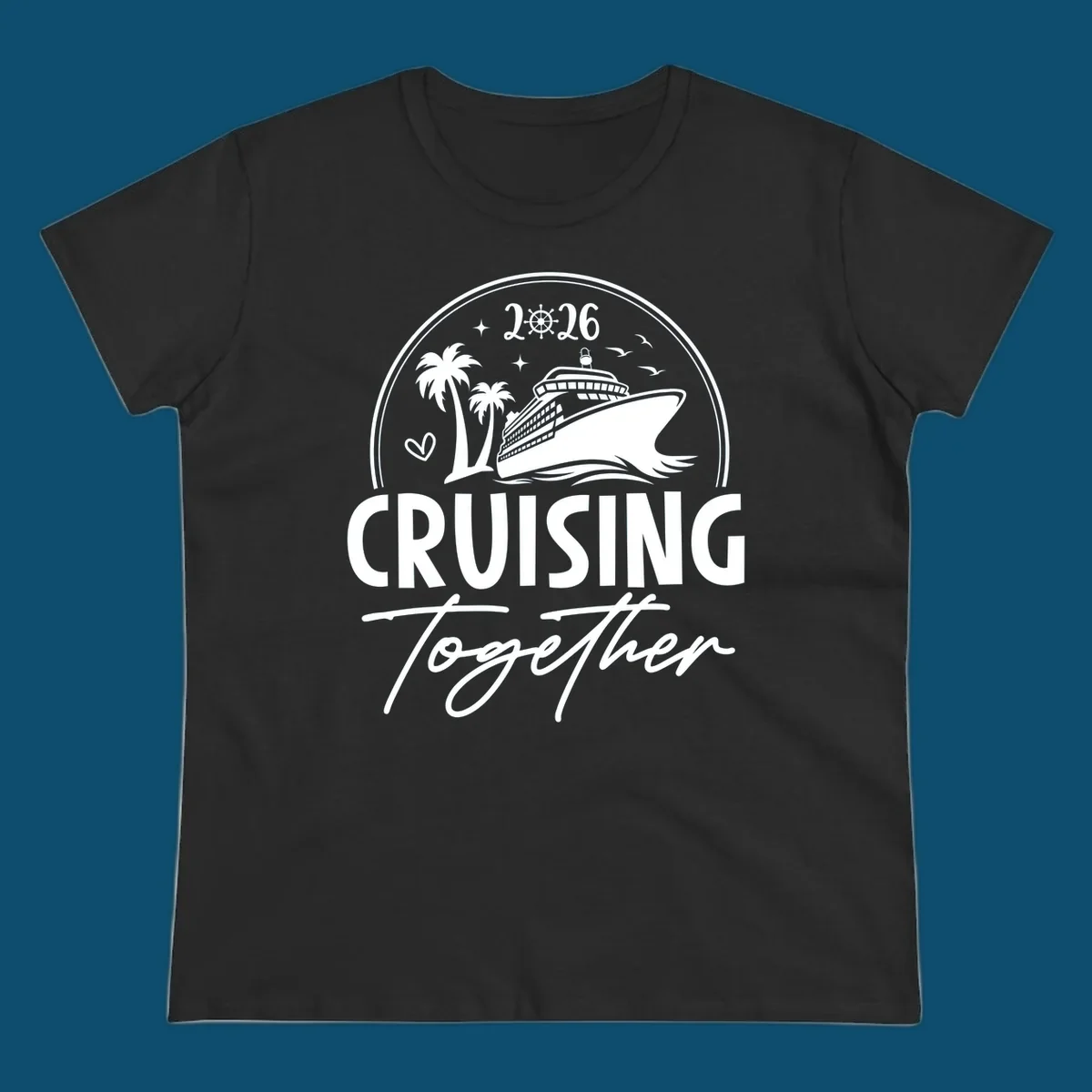 A round badge design with a cruise ship, palm trees, and the text 'CRUISING Together 2026'.