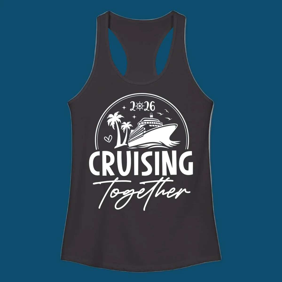 A round badge design with a cruise ship, palm trees, and the text 'CRUISING Together 2026'.