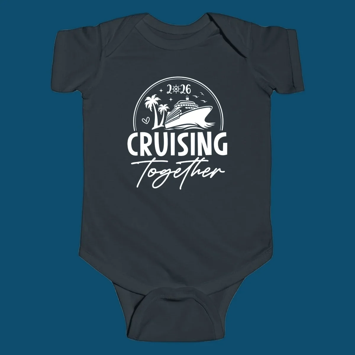 A round badge design with a cruise ship, palm trees, and the text 'CRUISING Together 2026'.